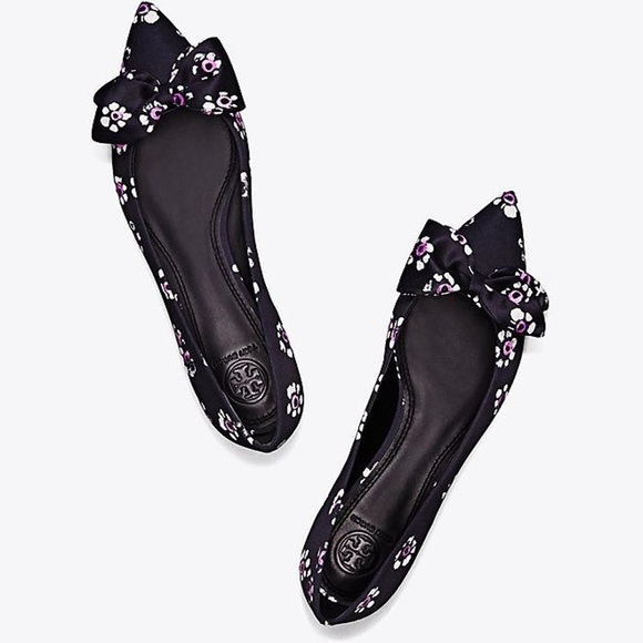 Tory Burch Ballet Flats Rosalind Black Floral Print Satinbow Size 11 NWT